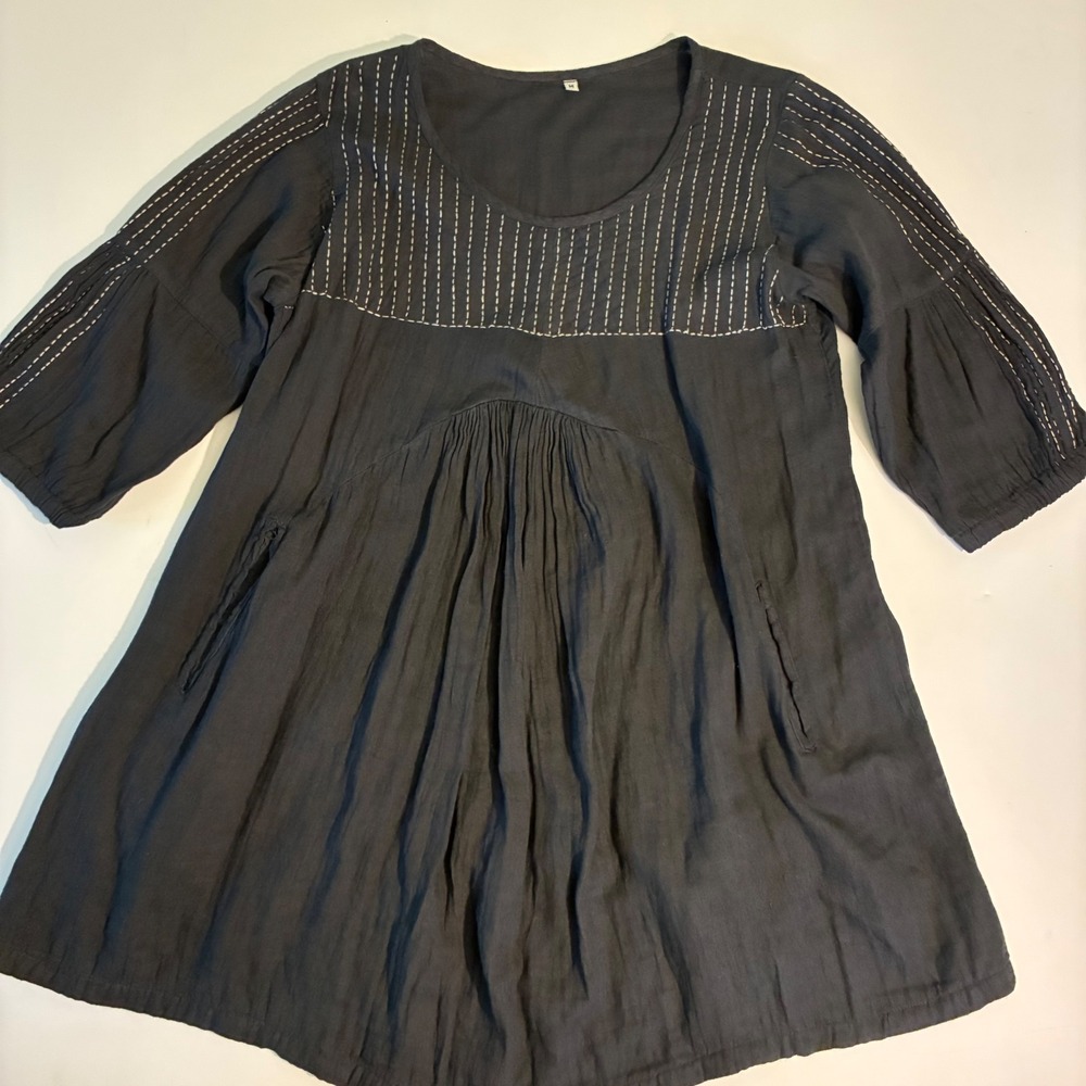 Boho Womens Medium Blue Cotton Blend Stitch Babydoll Tunic Top Pockets Dress